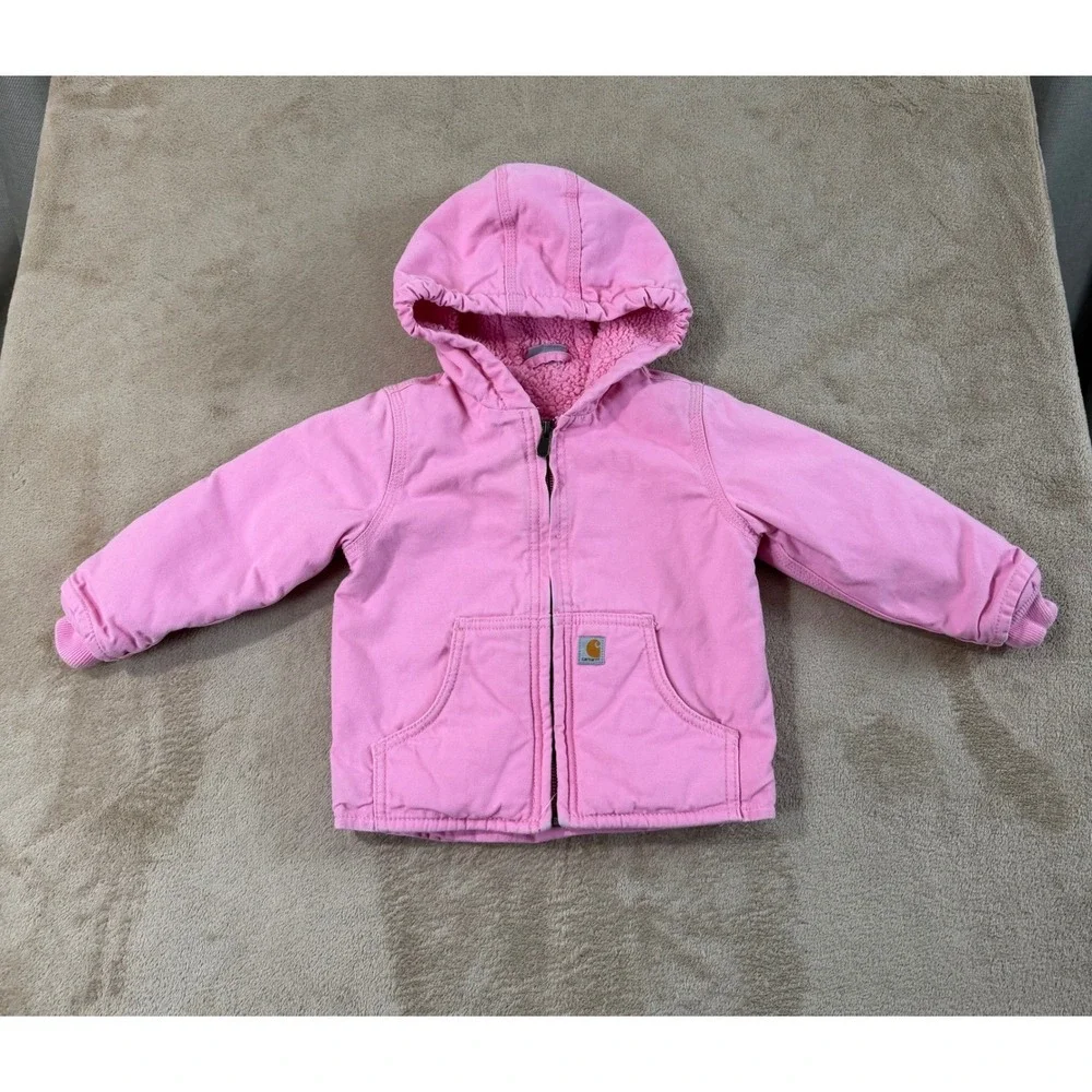 Carhartt Sherpa Lined Hooded Duck Girls 2T Pink Canvas Jacket Coat Good - Picture 1 of 14
